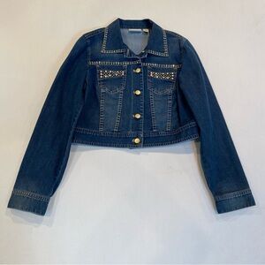 NWOT Chico's Studded Denim Cropped Jean Jacket with Gold Buttons, Size Small 0